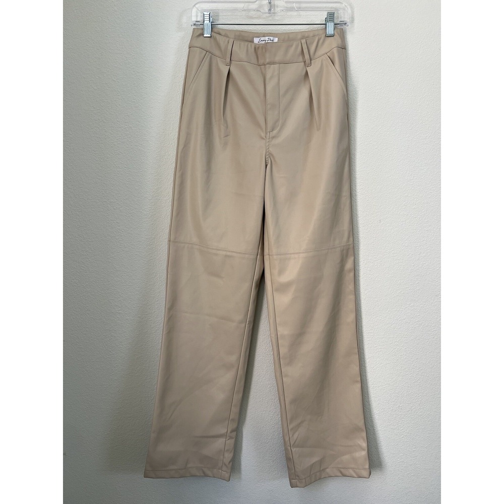EMORY PARK Women's Faux Leather Pants Size M Wide Leg Fleece Lined Cream Neutral